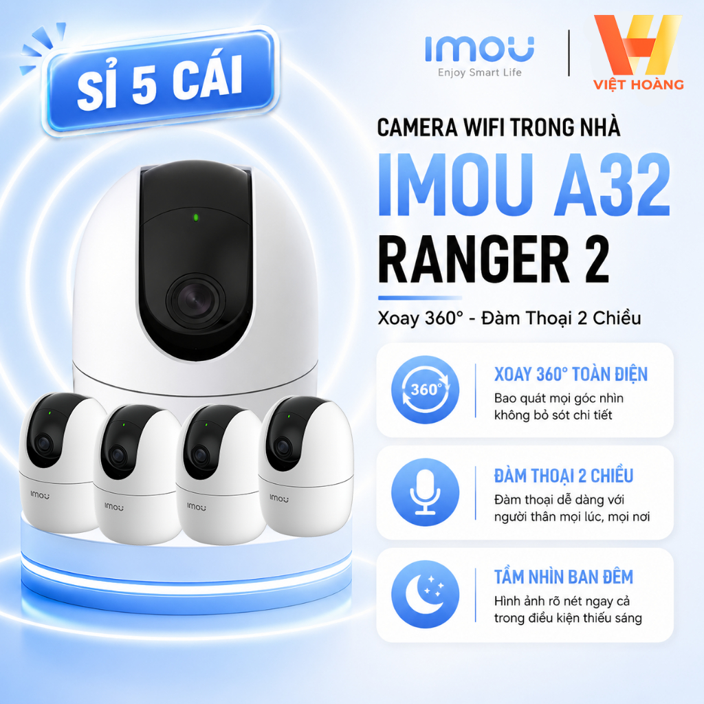 [COMBO 5 Bộ] Camera Wifi Imou A32 Ranger 2 Trong Nhà Xoay 360 Độ, Đàm Thoại 2 Chiều