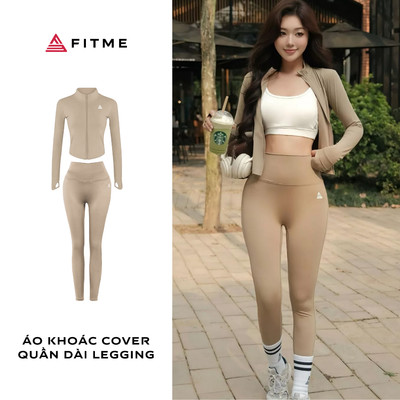 Bộ đồ tập gym yoga Fitme khoác fullzip Sand quần legging dài zeta cạp cao tôn dáng