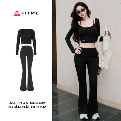Bộ đồ tập Pilates Yoga nữ Fitme Bloom áo dài tay phối quần ống loe đen tôn dáng thoáng mát