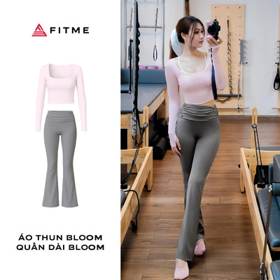 Bộ đồ tập gym, yoga, pilates nữ Fitme áo thun hồng pastel Bloom (không kèm bra), quần legging ống loe dark grey Bloom