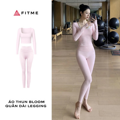 Bộ Fitme Bloom nữ tập Pilates Yoga áo thun dài tay kết hợp quần legging hồng pastel mềm mại