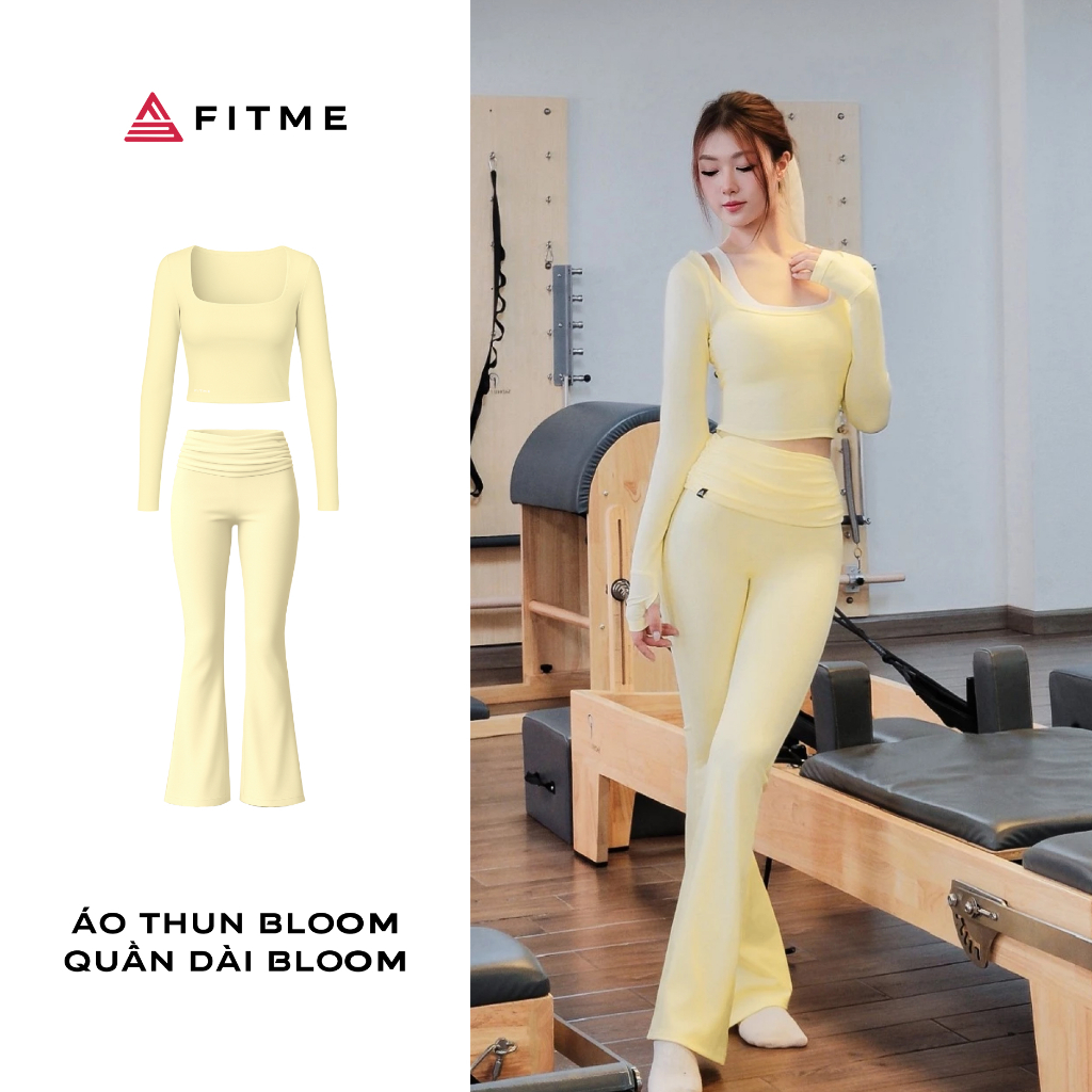 Bộ đồ tập Pilates Yoga nữ Fitme Bloom áo dài tay vàng phối quần ống loe vàng co giãn tôn dáng thoáng