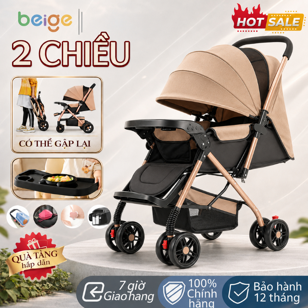 Beige Xe Đẩy Gấp Gọn Cho Bé 2 Chiều Ngồi Ngả Nằm Khay Ăn Siêu To An Toàn Cho Bé Sơ Sinh