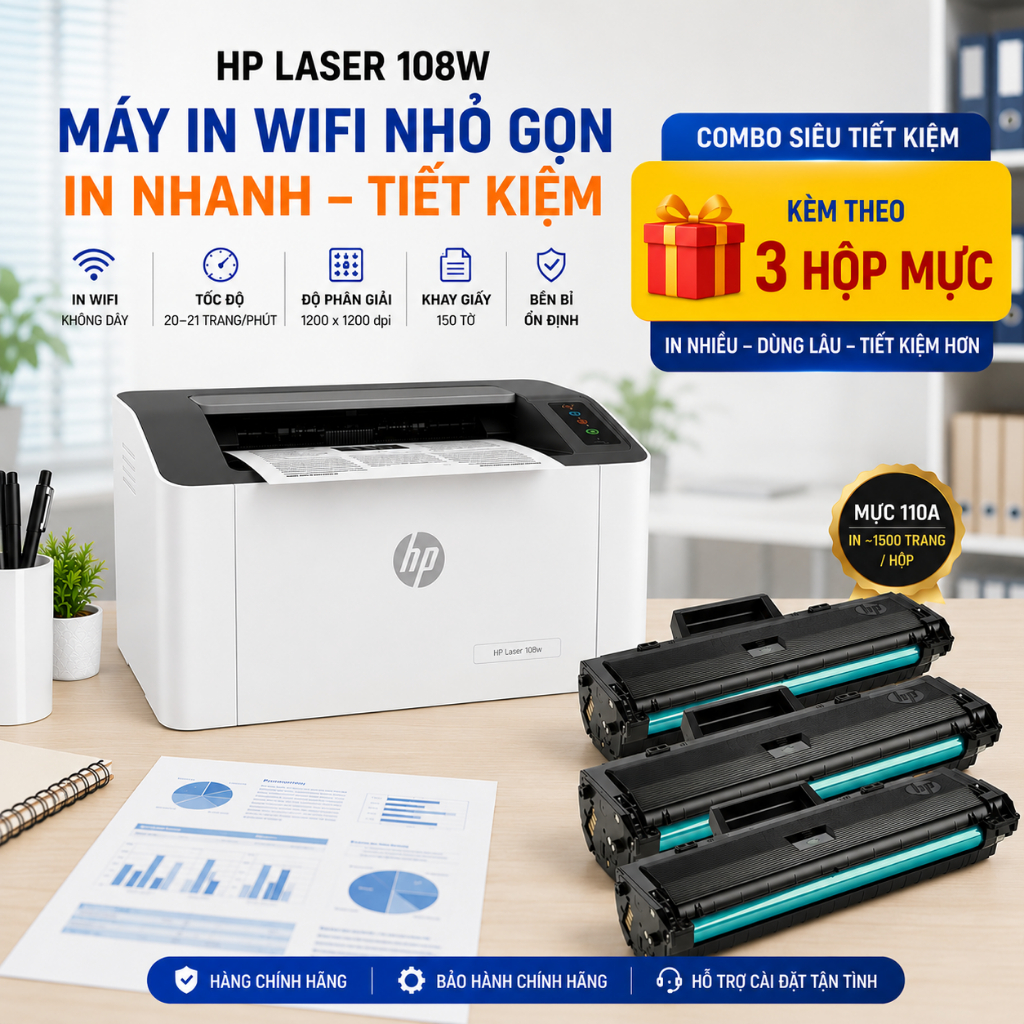 Combo máy in wifi kèm 2 hộp mực cho sinh viên gia đình văn phòng HP 108W (4ZB80A) mới chính hãng HP