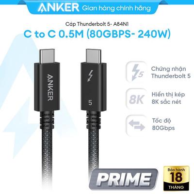[NEW] Cáp Anker Prime Thunderbolt 5 80Gbps 240W 0.5m Hỗ trợ 8K, Sạc nhanh MacBook, iPhone 15/16, iPad Pro- A84N1