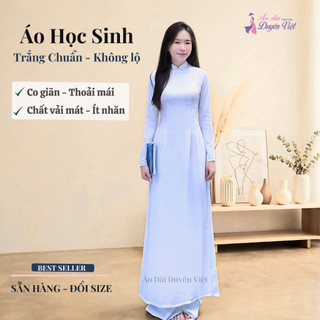 Áo dài trắng học sinh nữ lụa cao cấp cổ cao 3cm tay dài form chuẩn mặc đi học.