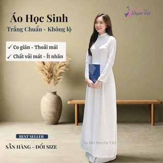 Áo dài trắng học sinh nữ lụa cao cấp cổ cao 3cm tay dài form chuẩn mặc đi học.