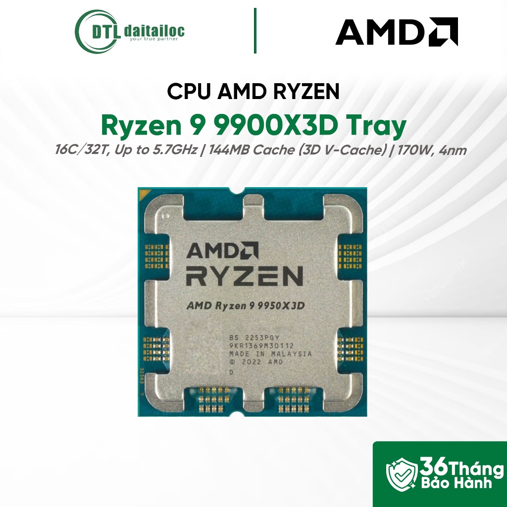 CPU AMD Ryzen 9 9900X3D Tray 4.3 GHz Upto 5.7 GHz 144MB 16 Cores 32 Threads | Chính hãng | Bảo hành 
