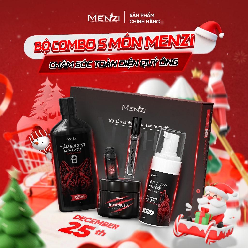 BỘ COMBO 5 MÓN MENZI: STG 3in1 Alpha Wolf + BVS Alpha Wolf + Gel Vuốt Tóc Boardwalk + NH Body + NHVK