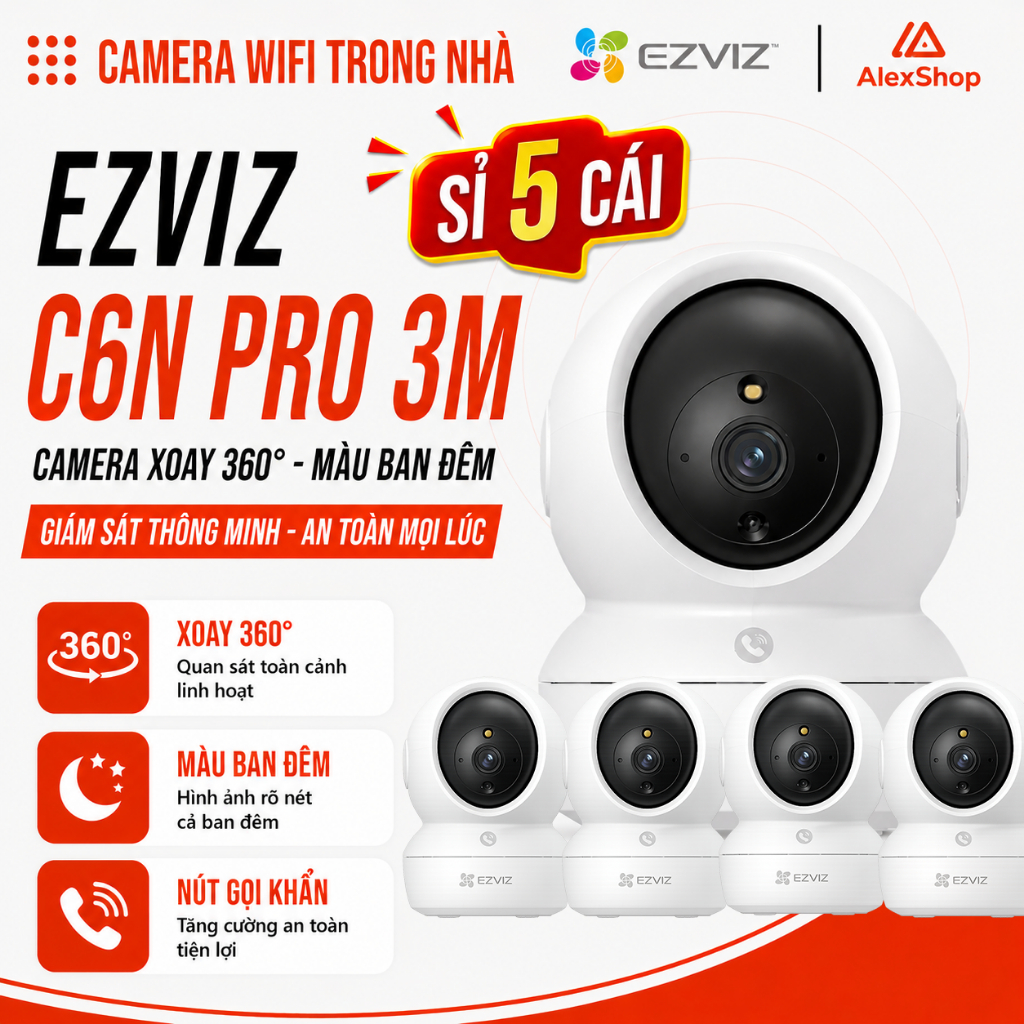 [SỈ 5 BỘ] Camera Wifi Ezviz C6N Pro 3M Trong Nhà Xoay 360 Độ, Màu Ban Đêm, Trang Bị Nút Gọi