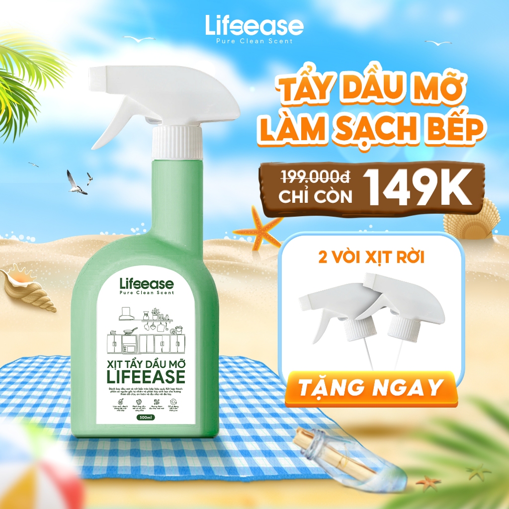 Lifeease Xịt Tẩy Dầu Mỡ 500ml – Sạch Máy Hút Mùi Bếp Tủ Tường Gạch – An Toàn Da Tay – Hương Trà và Cam - Bạch Đàn