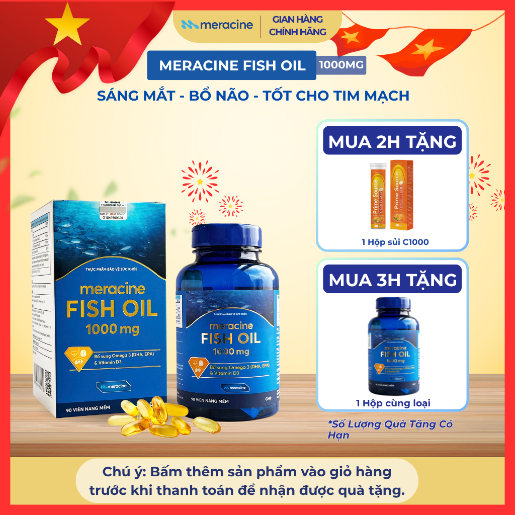 Viên uống dầu cá Omega 3 - Meracine Fish Oil hỗ trợ sáng mắt, bổ não, tốt cho tim mạch (hộp 90 viên)