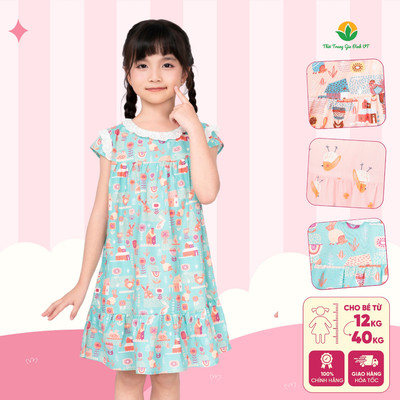 Váy bé gái cộc tay cổ bèo chất Cotton rayon mềm mại thoáng mát họa tiết cho bé Việt Thắng - V63.5503