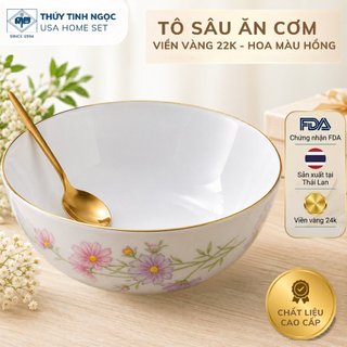 Tô Khum, Tô Sâu Viền Vàng 22k Họa Tiết Hoa Màu Hồng Thủy Tinh Ngọc Usa Homeset Cao Cấp Nhập Khẩu Chính Hãng