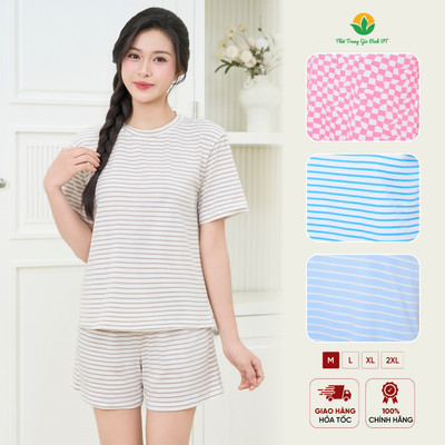 Bộ mặc nhà nữ chất cotton quần đùi, áo cộc tay thời trang gia đình Việt Thắng B43.6034