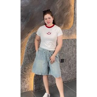 236 BIGGSIZE Quần ngố jeans nữ cạp cao, quần ngố lửng cạp tạo kiểu bược dây
