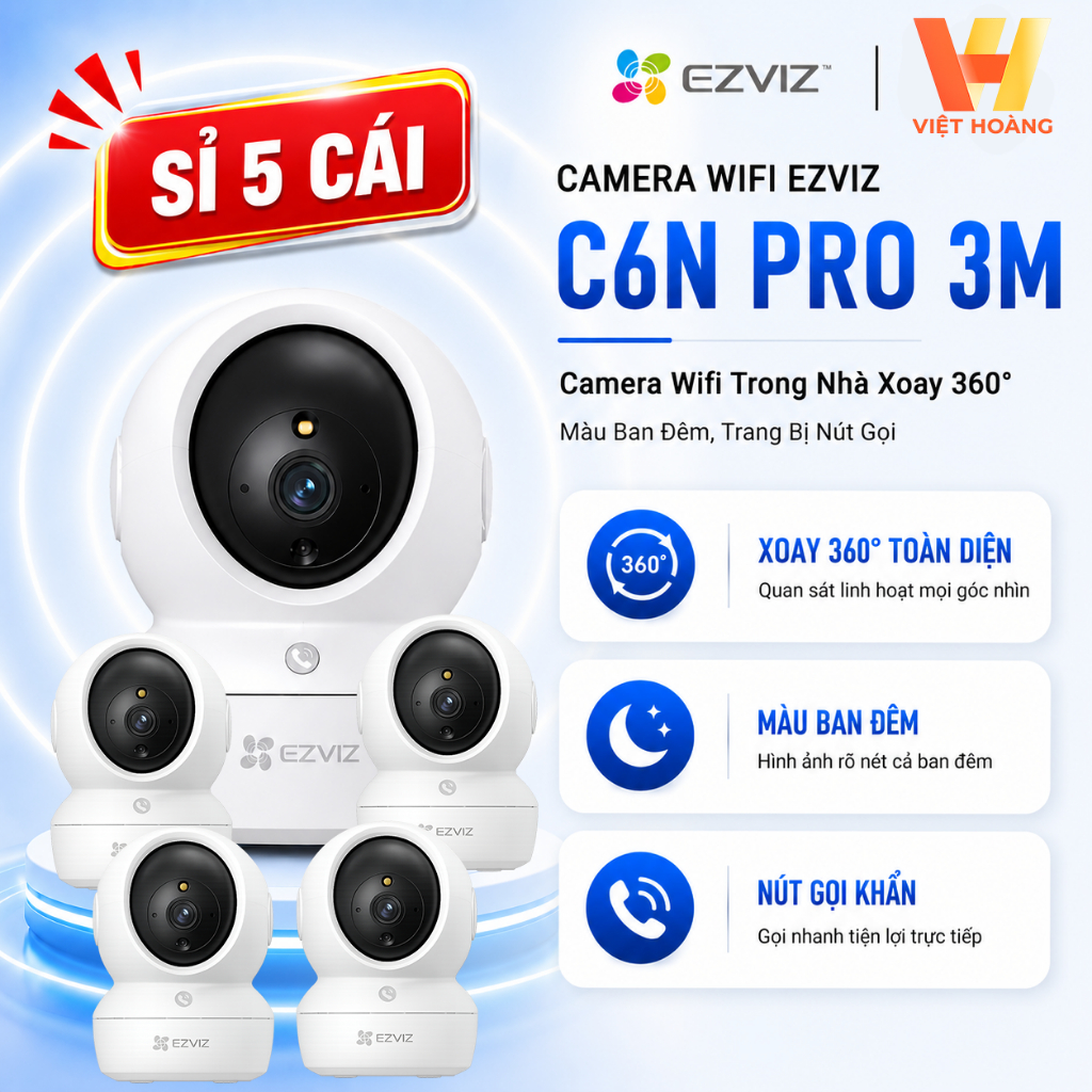 [COMBO 5 BỘ] Camera Wifi Ezviz C6N Pro 3M Trong Nhà Xoay 360 Độ, Màu Ban Đêm, Trang Bị Nút Gọi