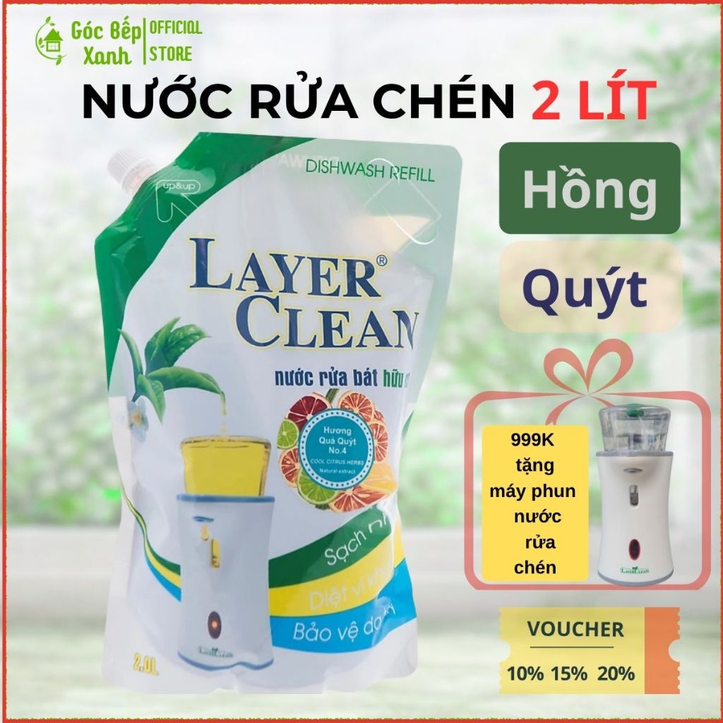 Nước rửa chén hữu cơ Layer Clean quả hồng, quả quýt túi 2L, LayerClean hữu cơ Góc Bếp Xanh