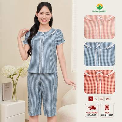 Bộ đồ mặc nhà nữ chất kẻ kate phối ren đính nơ dễ thương thời trang Việt Thắng B46.5105
