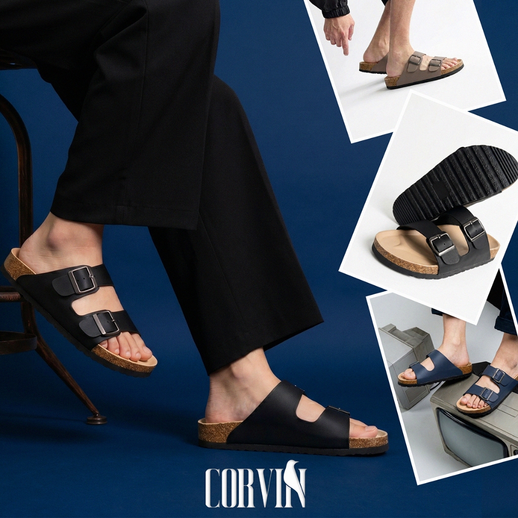 Dép da nam CORVIN NOBLE quai ngang 2 khóa da Microfiber cao cấp đế công thái học êm chân chống trơn