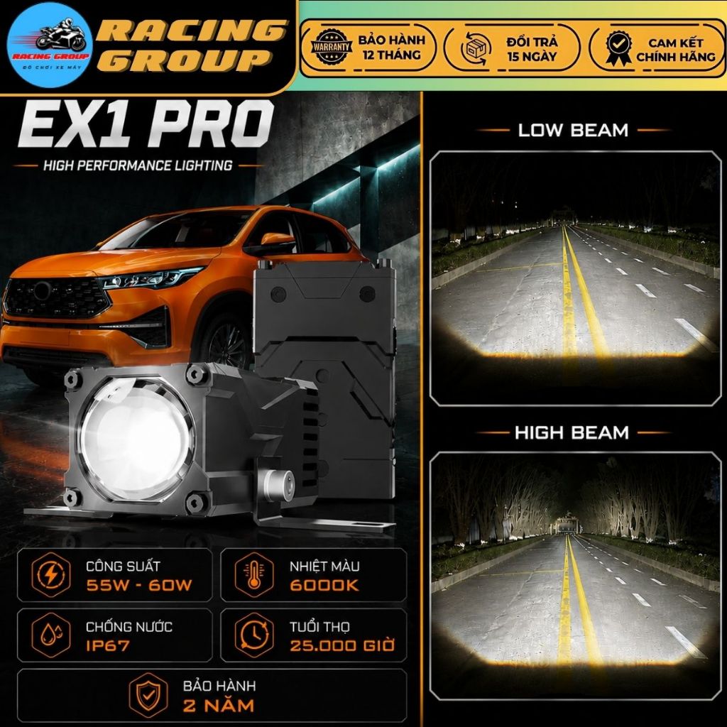 Đèn Trợ Sáng Aozoom EX1 Pro New 2026, Công Suất 60W Ánh Sáng Nét Như Bi Cầu, Chống Nước Tốt-BH 2 Năm