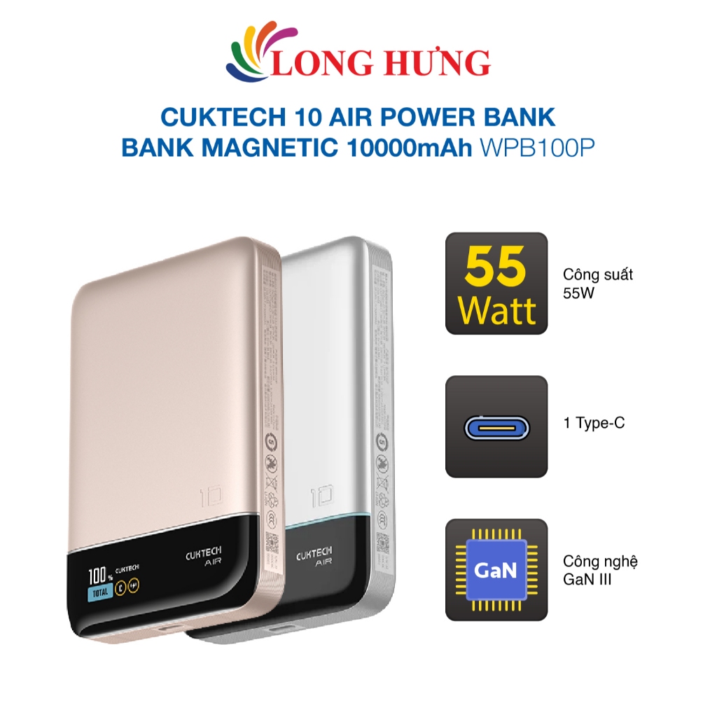 Sạc dự phòng Cuktech 10 Air Power Bank Bank Magnetic 10000mAh 55W WPB100P - Hàng chính hãng