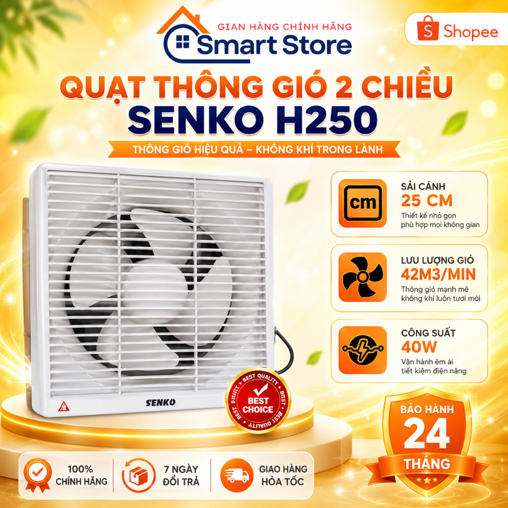 Quạt hút mùi H250, gắn tường Senko H250 (40W) - Hút 2 chiều thông gió,  Vệ Sinh Mini Công Nghiệp