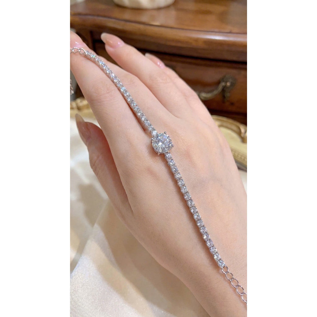 Lắc tay kim cương Moissanite full đá, viên chủ 6.5mm 1carat thân bạc 925 kèm hộp nhung + kiểm định G