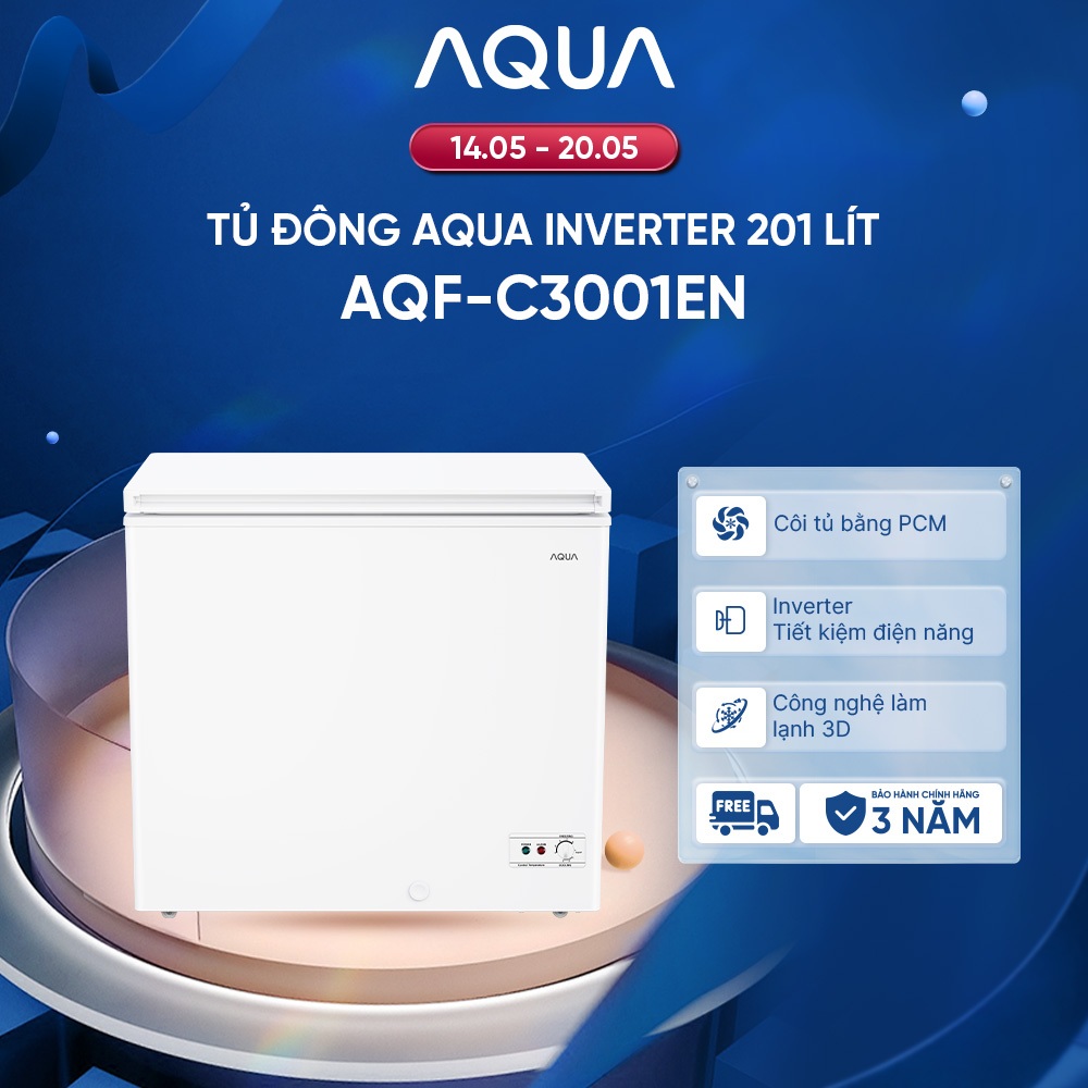 [SALE 15.05] Tủ đông Inverter AQUA 201 lít AQF-C3001EN - Làm lạnh 3D - Dàn lạnh 5 chiều - 1 ngăn đôn
