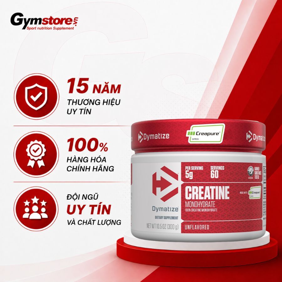 Bột Dymatize Creatine Monohydrate with Creapure, giúp tăng sức mạnh và hiệu suất tập - Gymstore