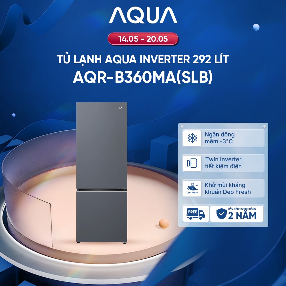 Freeship toàn quốc - Tủ lạnh ngăn đông dưới Aqua 292L AQR-B360MA(SLB) - Bảo hành chính hãng trong 2 