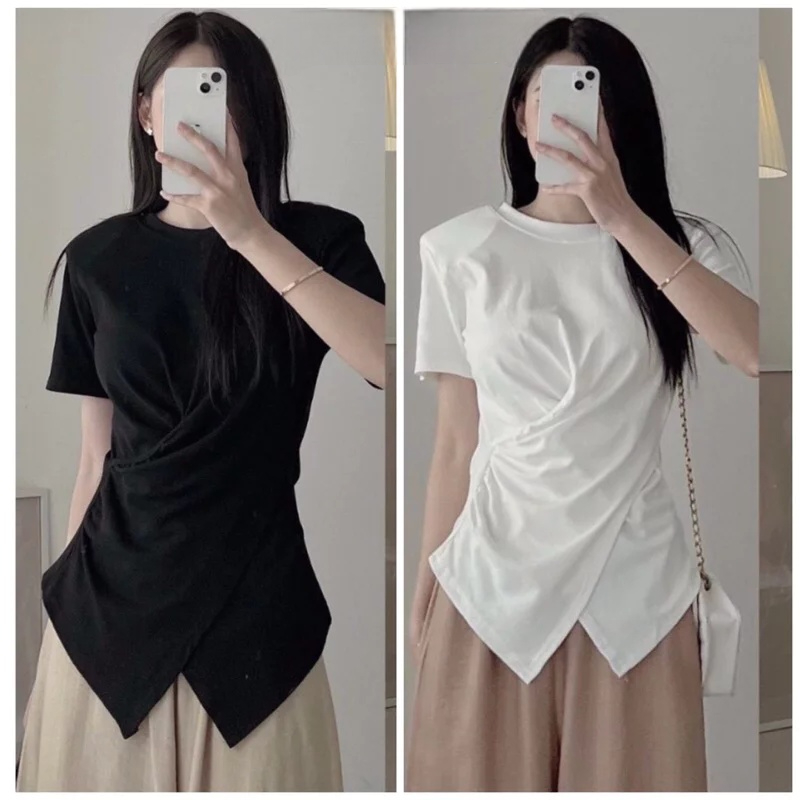 [Peinn] Áo Thun Xoắn Eo Cổ Tròn, Áo Cộc Tay Vạt Chéo SaKa Shop