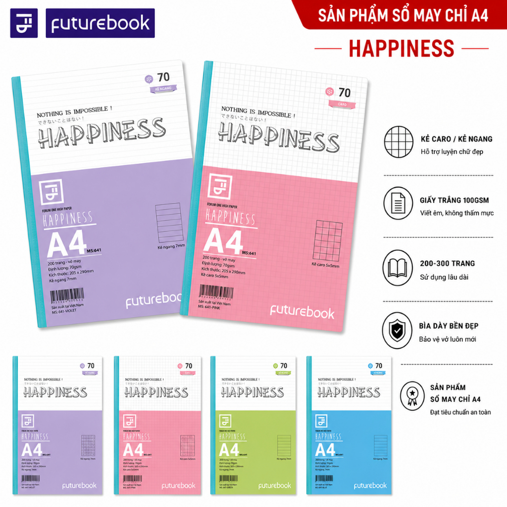 Sổ Caro/Kẻ Ngang - Vở May Chỉ A4 Happiness 140/200/300 trang 70gsm Futurebook