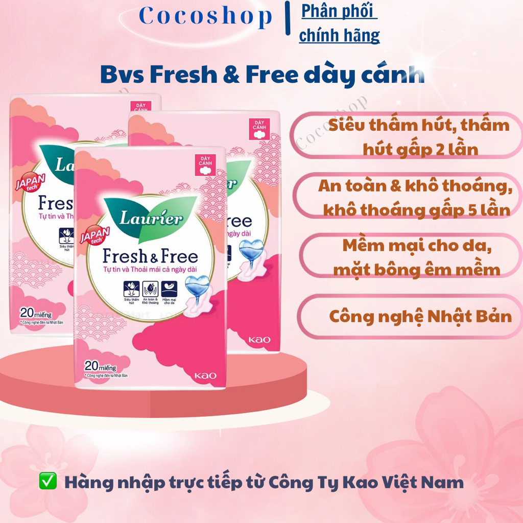 [ Mẫu Mới ]Băng vệ sinh Laurier  Fresh &  Free dày cánh 20 Miếng