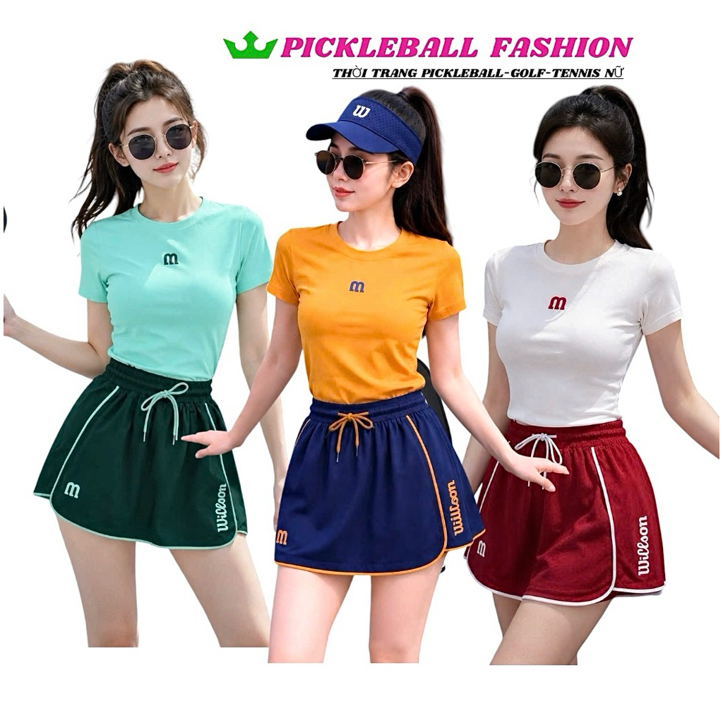 [Pickleball] Set thể thao nữ wilson áo thun bốn chiều kết hợp quần đùi hai lớp trẻ trung năng động -