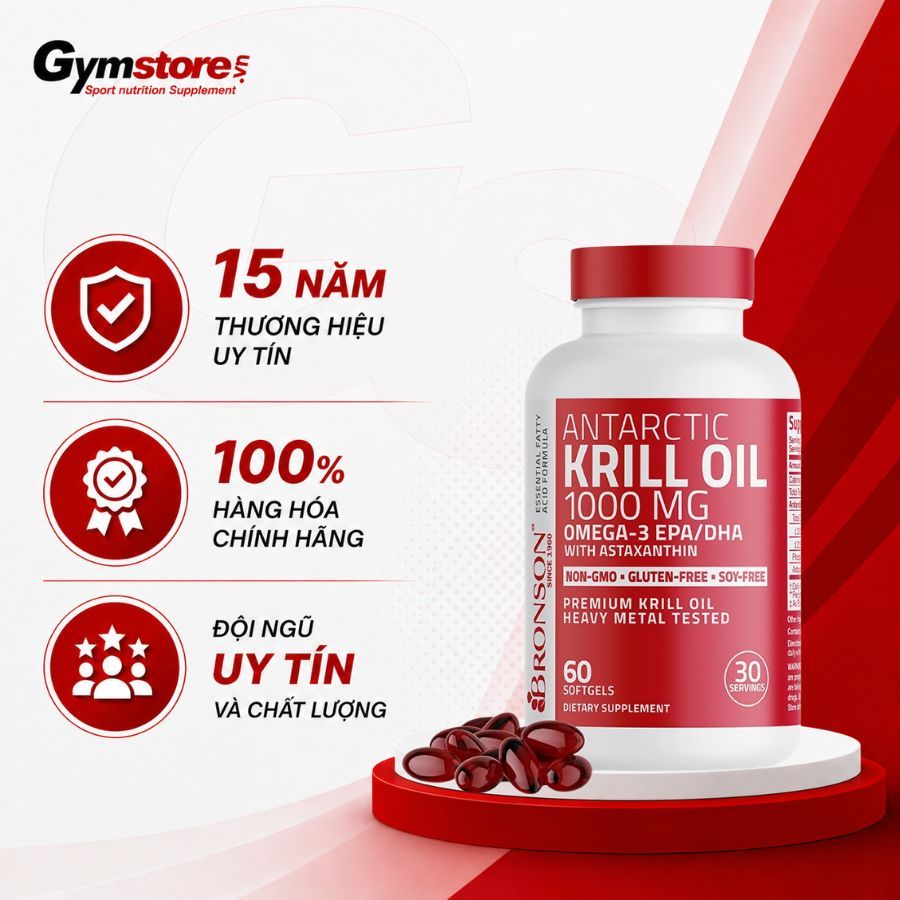 Dầu nhuyễn thể Bronson Antarctic Krill Oil with Omega-3 EPA/DHA, 1000 mg, hỗ trợ sức khỏe - Gymstore