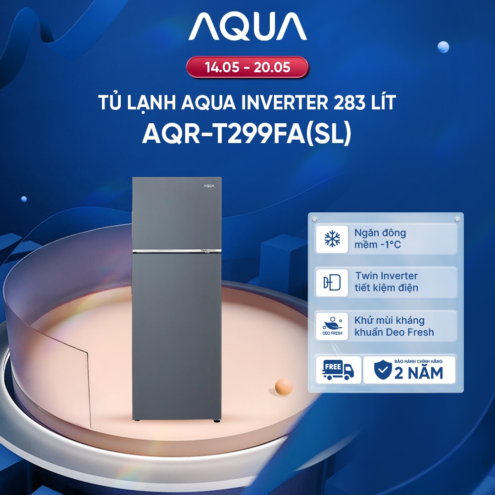 Freeship toàn quốc - Tủ lạnh ngăn đông trên Aqua Twin Inverter 283L AQR-T299FA(SL) - Bảo hành chính 