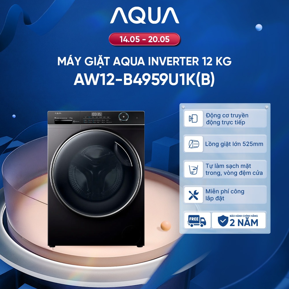 Máy giặt lồng ngang Aqua Inverter 12kg AW12-B4959U1K(B) - Bảo hành 2 năm - Freeship toàn quốc