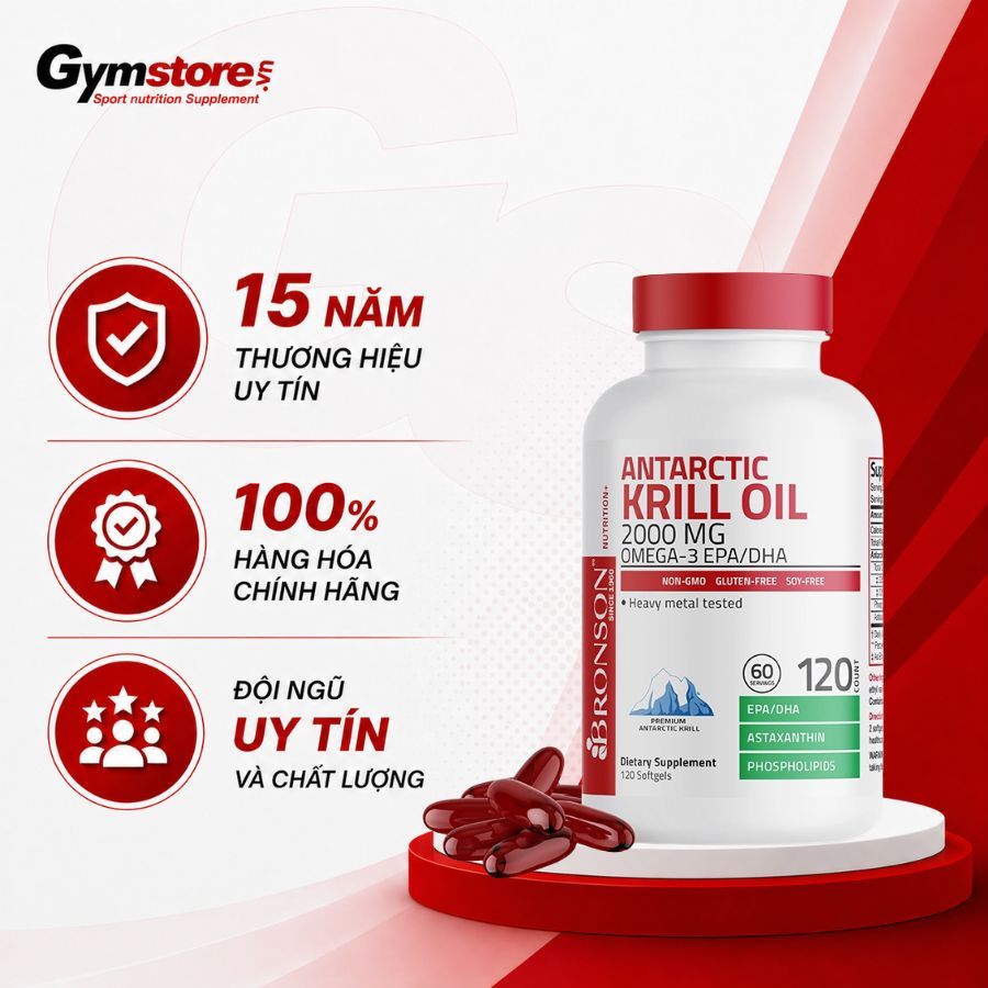 Dầu nhuyễn thể Bronson Antarctic Krill Oil Omega-3 EPA/DHA, 2000 mg, hỗ trợ sức khỏe - Gymstore