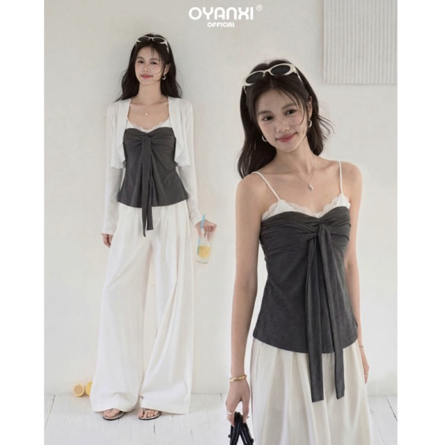 Set áo 2 dây nơ buộc & áo cardigan lửng Oyanxi