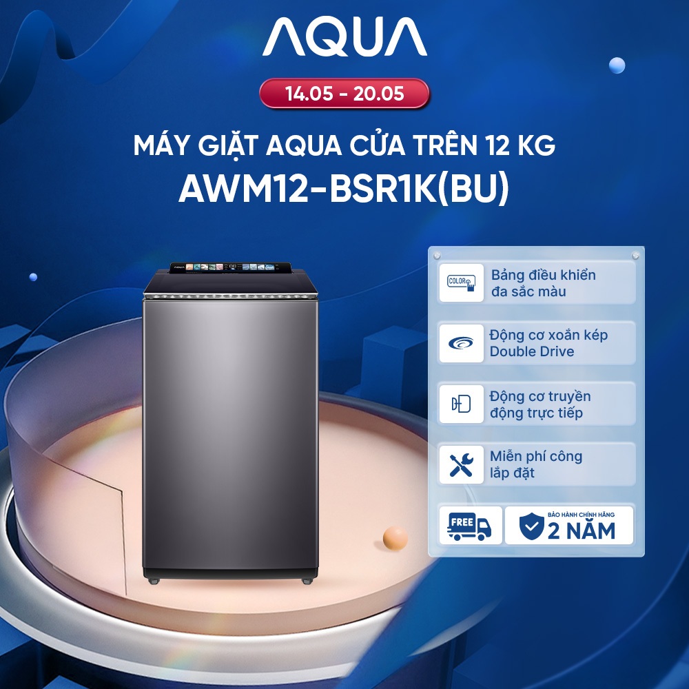Máy giặt cửa trên Inverter AQUA 12kg  AWM12-BSR1K(BU) - Bảng điều khiển màu - Freeship toàn quốc
