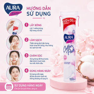 Bông tẩy trang Aura 150 miếng chính hãng cotton mềm mịn nhập khẩu dành cho mọi loại da ( 150m/cây)