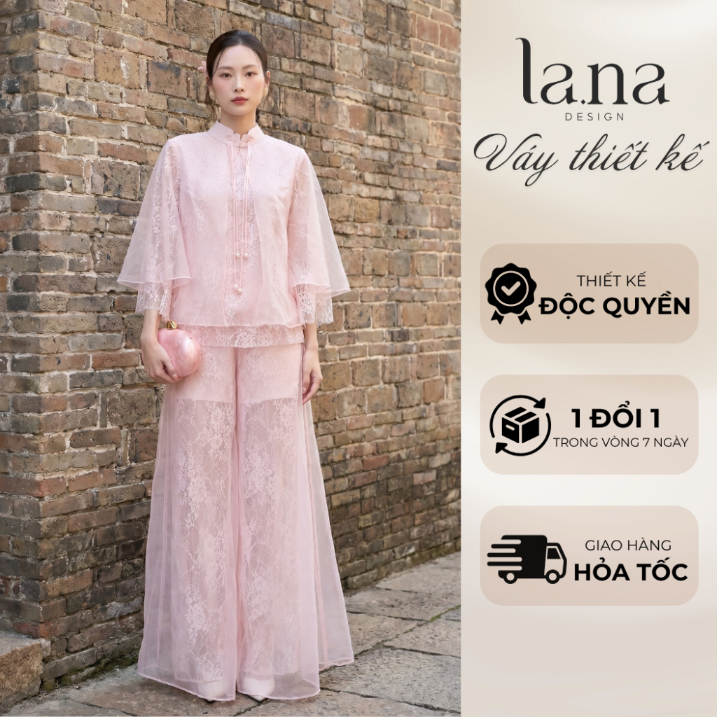 Pháp Phục Phấn Liên Thiết Kế LANA DESIGN Màu Hồng Chất Tơ Ý Mềm Mịn Áo Ren Xẻ Phối Quần Ống Rộng – S