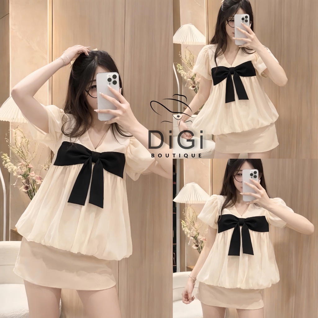 Áo Babydoll Tay Bồng Dáng Bí Cổ Tim Đính Nơ Digiboutique115