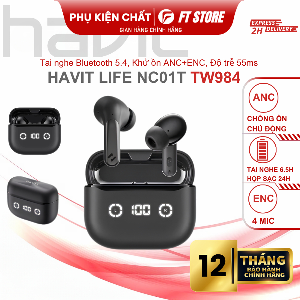 Tai Nghe TWS HAVIT LIFE NC01T TW984 - Bluetooth 5.4, ANC + ENC, Pin 24H, Dock 420mAh, Sạc Type-C