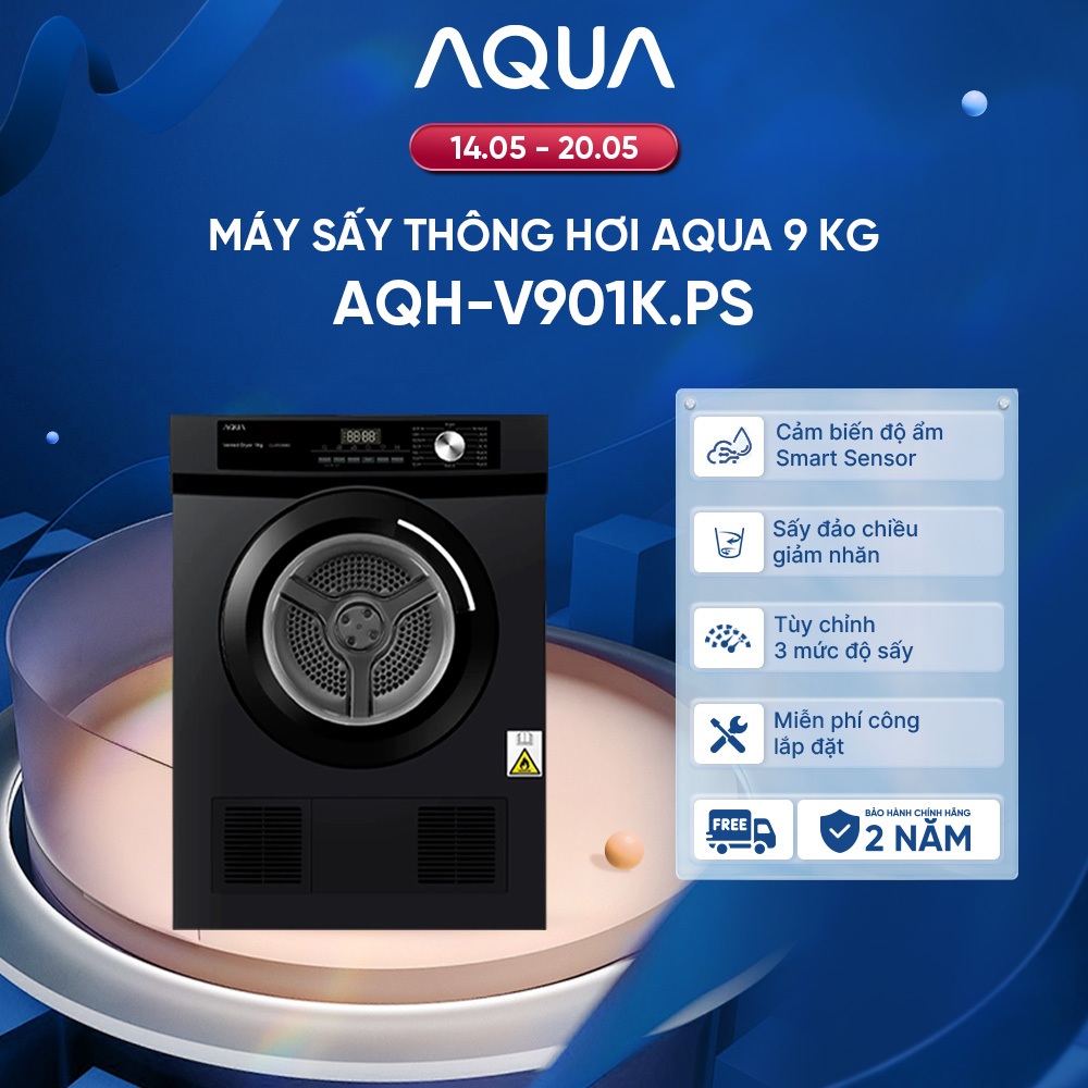 Máy sấy thông hơi Aqua 9 kg AQH-V901K PS - Cửa ngang, màu Đen