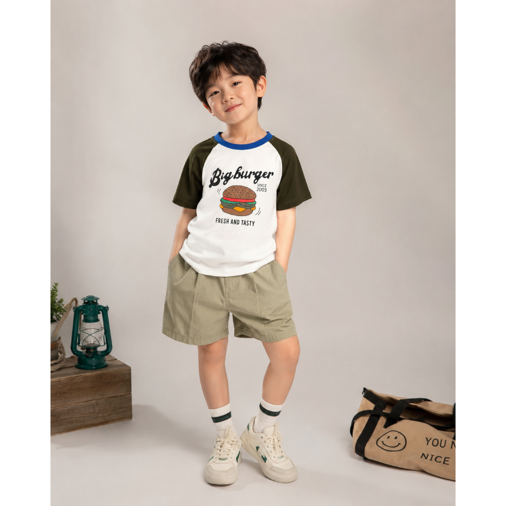 Áo Thun Bé Trai Ngắn Tay Hqlens Hình Bánh Burger - Cotton Cao Cấp, Dáng Oversize Năng Động (6-12 Tuổ
