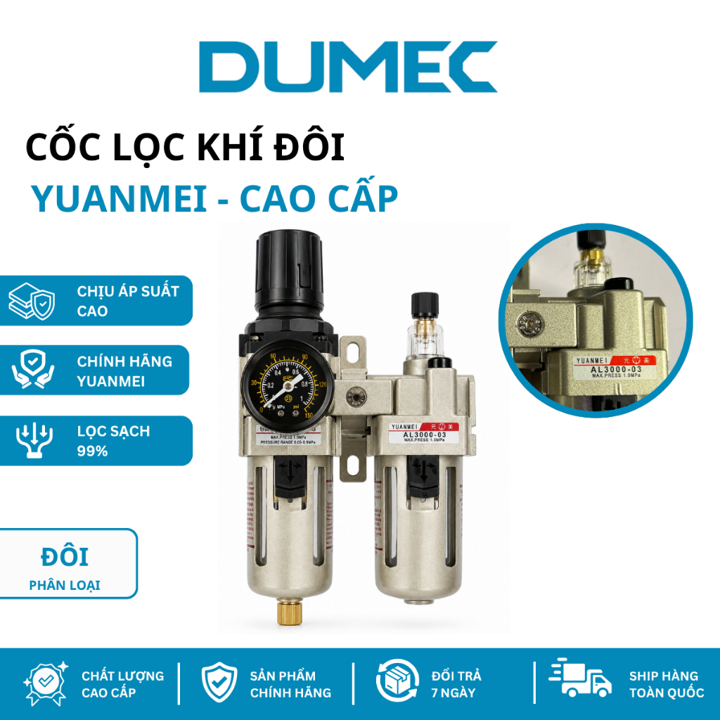 Cốc Lọc Khí Đôi Yuanmei Al3000-03 To Đẹp – Lọc Nước Khí Nén, Ổn Áp Hơi Cho Máy Cắt Nhôm Chính Hãng