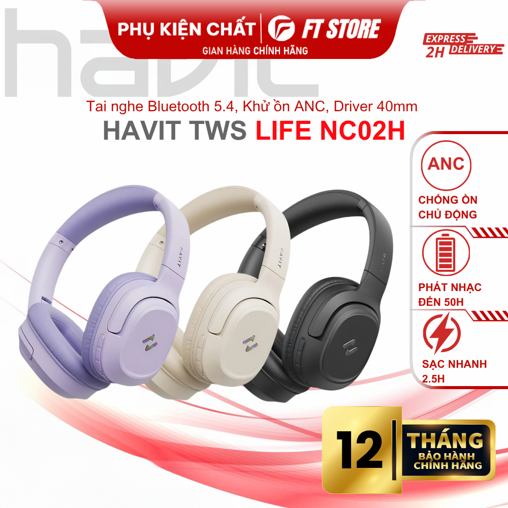 Tai Nghe Headphone Bluetooth HAVIT LIFE NC02H - Bluetooth 5.4, Pin 400mAh, 50H, Driver Φ40mm