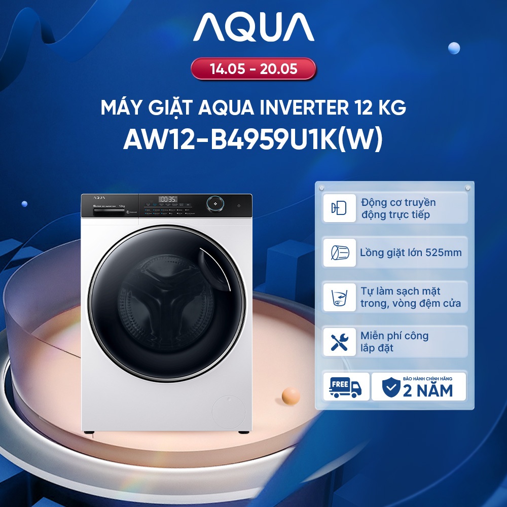 Máy giặt lồng ngang Aqua Inverter 12kg AW12-B4959U1K(W) - Freeship toàn quốc